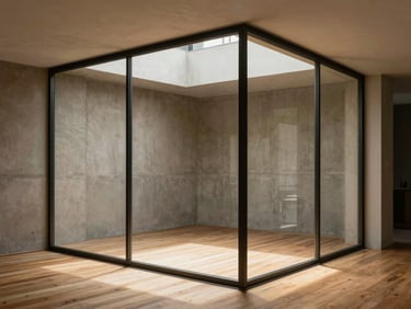 Wide environmental shot of a custom frameless glass partition dividing a residential interior, warm concrete walls and bare wood floor visible through the panel, overhead architectural daylight casting a soft shadow at the base, framed from a slight angle to reveal the room geometry on both sides of the glass