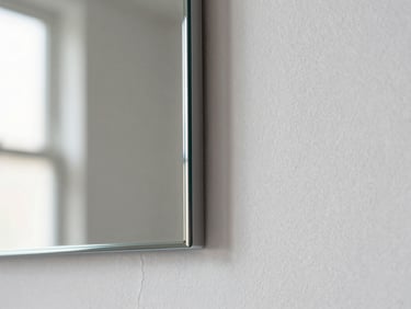 Close-up of a bespoke mirror edge detail mounted flush against a white plaster wall, polished chrome mounting bracket visible at the corner, soft diffused daylight from the left, tight framing showing the seam between mirror and wall surface