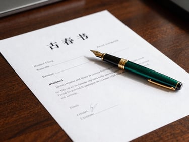 Close-up of signed legal deeds and a luxury fountain pen on a polished dark wood desk, bright natural daylight, crisp shadows, editorial real estate photography, deep emerald and gold accents, 35mm