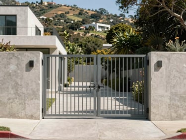 Straight-on architectural elevation of a clean steel gate integrated into a modern concrete hillside estate in Los Feliz, bright California daylight casting sharp shadows.