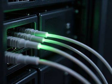 Macro shot of fiber optic cables glowing with soft green light in a dark server rack, technical minimalism, 35mm