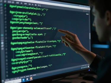 Close-up of a system engineer analyzing clean green code streams on a dark screen, cool-toned ambient light, sharp focus, 35mm