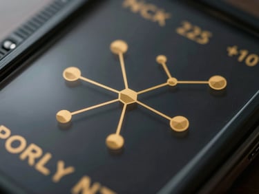 Macro close-up of a dark translucent glass interface displaying clean gold data visualizations and geometric nodes, minimal luxury aesthetic