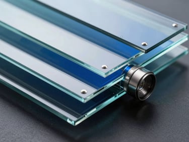 Layered glass interfaces showing clean data visualizations with deep blue highlights and metallic silver accents.