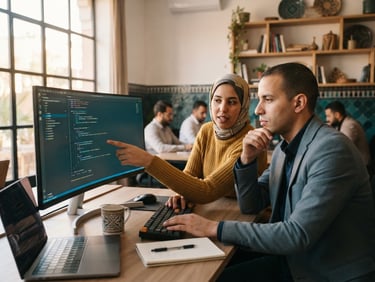 A professional Moroccan workspace with warm natural light, a developer showing clean code on a screen to an entrepreneur, modern editorial style, 35mm