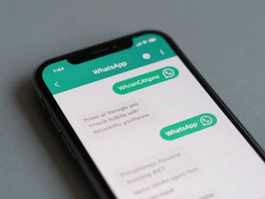 Close-up of a clean smartphone screen displaying a custom WhatsApp chatbot interface with automated professional responses, soft workspace lighting, teal accents, shallow depth of field, 35mm