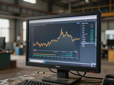 Close-up of a rugged industrial monitor displaying statistical charts on a factory floor, gritty lighting