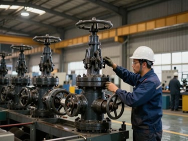 An engineer wearing a hard hat adjusting a heavy mechanical valve in a manufacturing plant