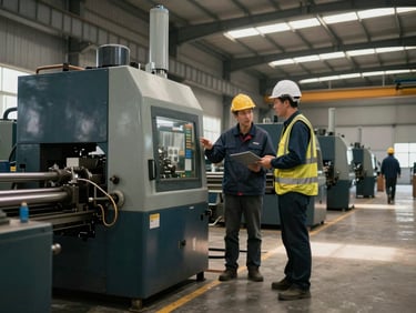 An industrial engineer in safety gear talking to a plant operator next to assembly machinery
