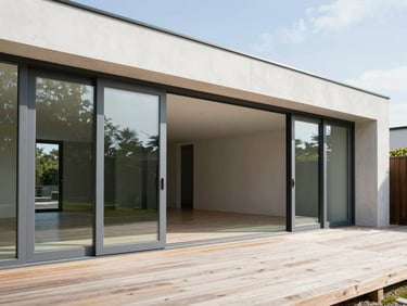 Wide shot of a modern minimalist house with a fully glazed aluminum sliding door system opening to a wooden terrace, bright daylight
