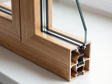 Close-up of a premium wooden window frame profile showing natural oak grain, double glazing seal, bright architectural lighting