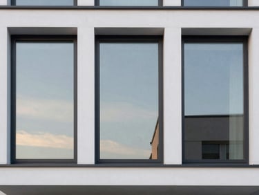Architectural elevation of a modern house facade with large, clean triple-glazed windows reflecting soft evening sky, straight-on framing, 35mm lens.