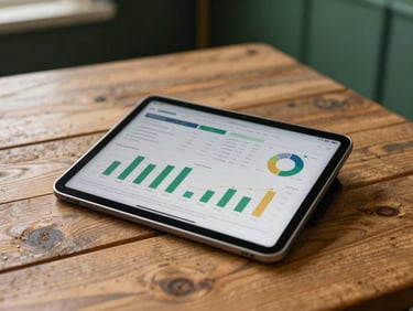 A modern tablet displaying campaign analytics with clear charts, set on a rustic wooden table in Salisbury, warm natural light
