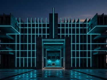 Wide-angle architectural symmetry of a brutalist concrete data center facade in Hyderabad at twilight, glowing neon cyan LED lines tracing the structure, deep obsidian shadows, cinematic low-key lighting.