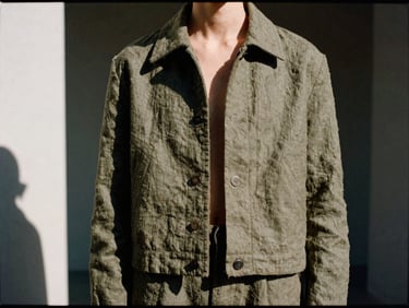 High-fashion crop of a model wearing a structured olive-toned hemp jacket, architectural composition, dramatic direct sunlight.
