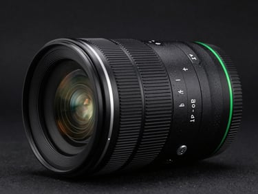Sleek tech photography, high-contrast studio key light, macro shot of a premium camera lens with subtle green rim lighting, clean dark background