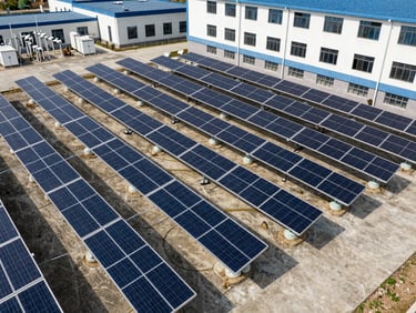 Overhead orthographic view of a ground-mount commercial solar field adjacent to a large institutional healthcare facility, rows of tracking panels on concrete ballast mounts, electrical collection boxes visible at row ends, hard midday shadows, no people