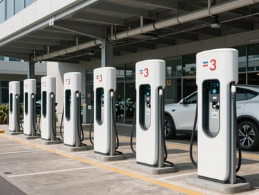 Ground-level hard-daylight photograph of a commercial EV fleet charging station bay at a corporate campus, multiple Level-3 charging pedestals in a row, electrical conduit infrastructure visible overhead, no vehicles or people, concrete and steel environment