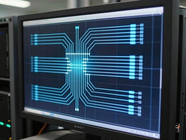 Close-up of a grid energy flow diagram displayed on a large industrial control room monitor, glowing blue circuit lines on dark background, server rack hardware visible at frame edge, hard room lighting, no people visible