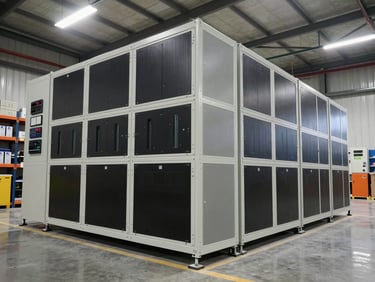 Wide 45-degree angle shot of a commercial battery storage rack system inside a utility room of a large retail facility, hard industrial lighting, modular battery cabinets stacked floor to ceiling, inverter hardware visible at left, no people