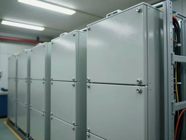 Close-up orthographic view of a commercial battery storage rack system, rows of modular lithium battery enclosures in a climate-controlled industrial room under hard overhead fluorescent light, electrical conduit and cable management visible at frame edges, no personnel present