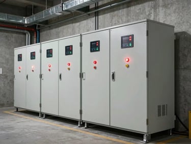 Straight-on technical view of commercial battery storage enclosures mounted in a row along a concrete wall, indicator lights active, conduit runs visible, hard industrial overhead lighting, no personnel