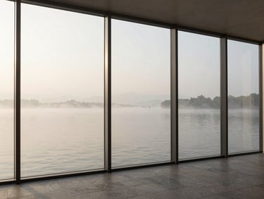 Expansive view of a calm lake through a large architectural glass window, misty morning, minimalist design