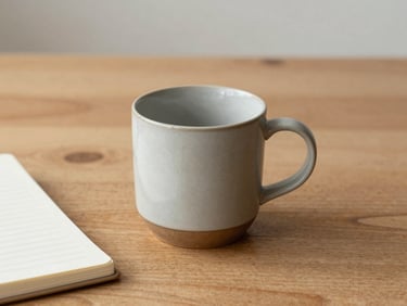 A clean ceramic cup on a raw wooden table next to a notebook, soft indirect daylight