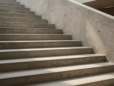 Detail of concrete stairs in a modern gallery, shadow and light, minimalist architectural photography