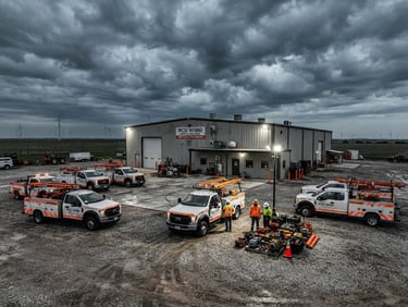 Wide-angle shot of PCG Wind's Norman, Oklahoma dispatch office and marked service vehicles at dawn, against a dramatic overcast sky, high-contrast industrial documentary style with safety orange accents.