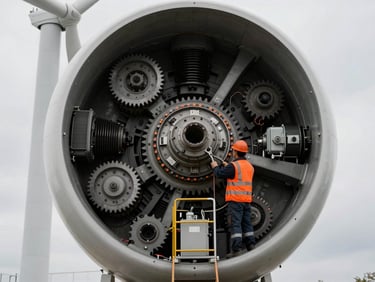 Close-up inside a wind turbine nacelle, complex gears and machinery visible, a technician with a wrench performing maintenance, industrial documentary photography, high-contrast desaturated tones with safety orange accents.