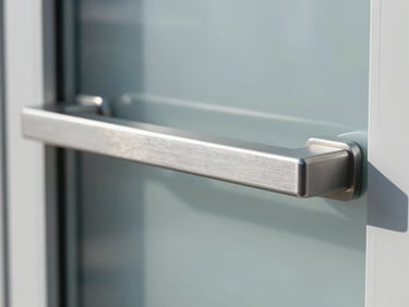 Close-up of a sleek, minimalist brushed steel door pull handle on a frameless glass door, cool crisp daylight, sharp industrial edge.