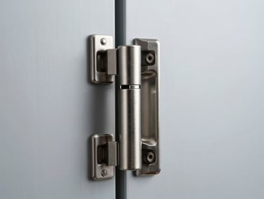 Close-up of a brushed stainless steel glass door hinge, high-contrast studio lighting, 50mm lens