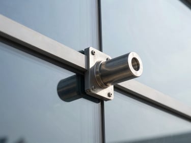Close-up of a heavy-duty articulated stainless steel joint on a glass wall, sharp technical grid lines visible in reflection, architectural minimalism.