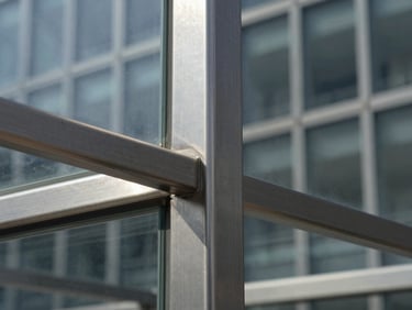 Macro shot of stainless steel glass-to-glass corner connectors, sharp technical grid lines visible in the architectural background, high-contrast lighting.
