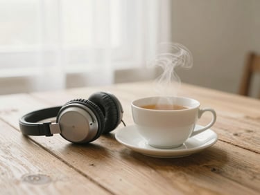 A steaming cup of tea next to vintage headphones on a rustic wooden table, soft diffused morning light, muted cream tones.