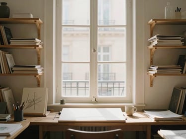 A serene artist studio in Paris, soft sunlight streaming through a tall window, wooden shelves filled with sketchbooks, a single ceramic mug on a drawing desk, warm minimalist aesthetic.