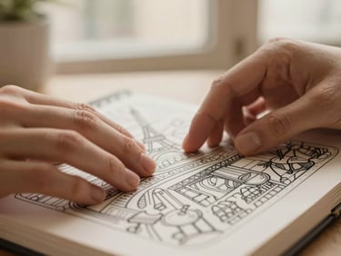 Close-up of hands gently shading a Parisian cafe illustration in a coloring book, warm editorial photography, shallow depth of field.