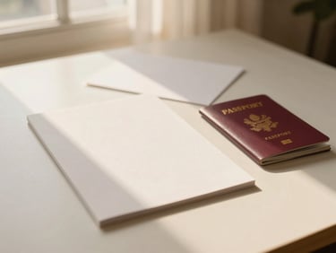 Soft-focus travel souvenirs, elegant stationery sheets, and a passport on a cream surface, warm golden hour light.