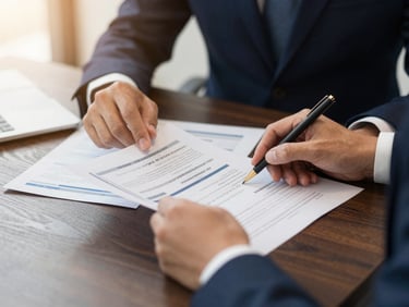 Close-up of hands reviewing a structured debt portfolio on a dark oak desk, warm ambient lighting, corporate editorial style, professional 35mm