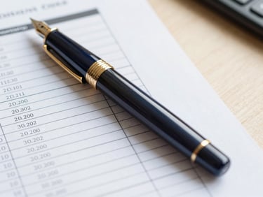 A close-up of a high-end fountain pen resting on structured financial amortization documents, soft natural daylight, warm gold accents, editorial corporate style, 35mm