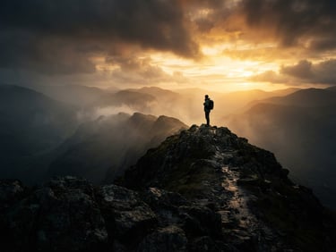 Extreme wide anamorphic film still, low-key dramatic golden hour light hitting a solitary figure on a misty ridge, high contrast shadows, rich 35mm grain.
