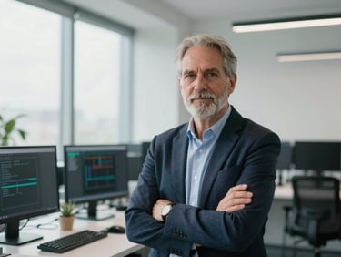 Professional portrait of a senior software engineer in a bright, modern office, natural daylight, looking confident, 35mm