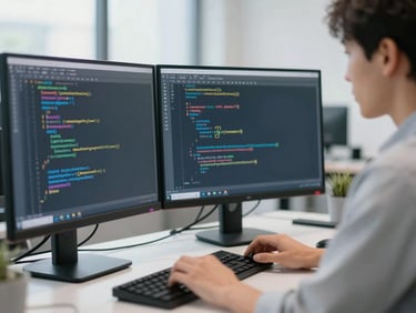 Close-up of developers analyzing clean code on dual monitors, cool office lighting, sharp focus, 35mm