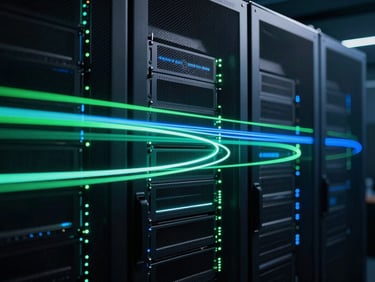 Abstract light trails representing high-speed data flow in a dark server room, neon green and blue accents