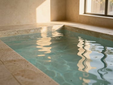A quiet heated indoor swimming pool lined with hand-carved cream travertine stone, soft golden hour sunlight reflecting on the water, editorial photography