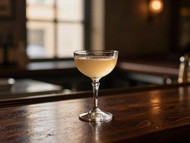 Low-lit dark wood bar counter with a single crystal glass containing a golden cocktail, soft ambient evening glow, rich cream and espresso tones, shallow depth of field, 35mm.