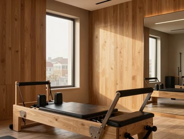 A modern minimalist fitness studio with polished oak wood paneling, warm golden hour window light, high-end leather and wood training equipment, calm atmosphere