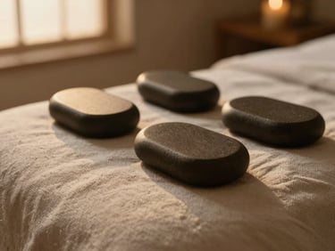 Tactile close-up of warm massage stones on textured linen, soft ambient evening glow, shallow depth of field, 35mm editorial photography