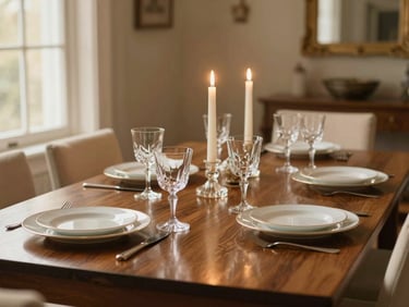 A long polished mahogany dining table set with fine porcelain, crystal glassware, and tall candles, soft evening ambient light, rich cream and espresso tones, shallow depth of field, 35mm.